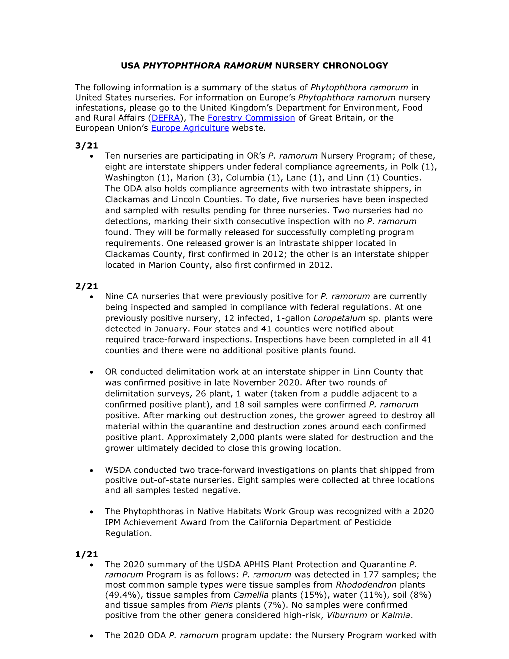 USA PHYTOPHTHORA RAMORUM NURSERY CHRONOLOGY The