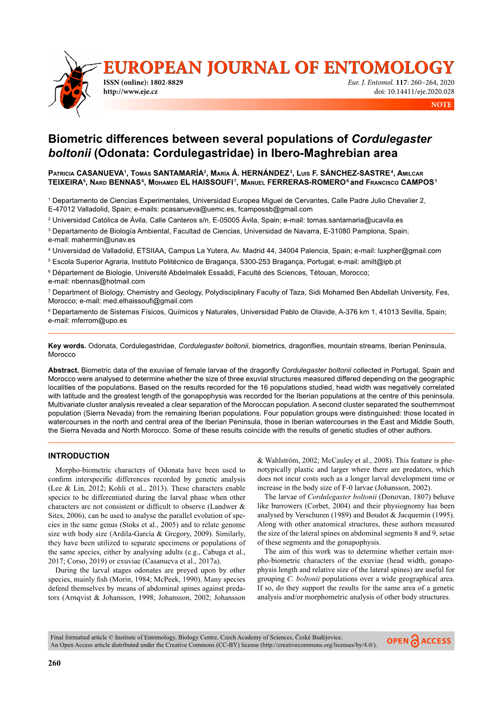 Biometric Differences Between Several Populations of Cordulegaster Boltonii (Odonata: Cordulegastridae) in Ibero-Maghrebian Area