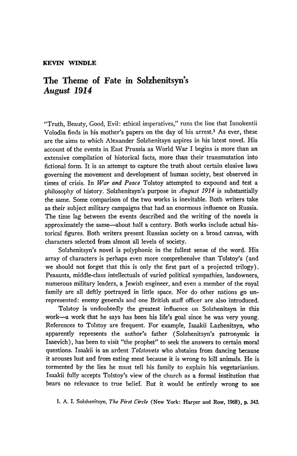 The Theme of Fate in Solzhenitsyn's August 1914