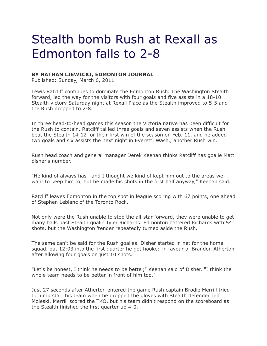 Stealth Bomb Rush at Rexall As Edmonton Falls to 2-8