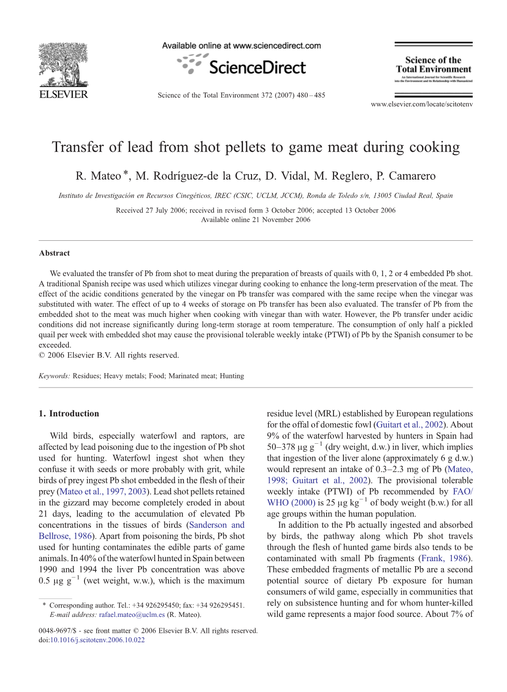 Transfer of Lead from Shot Pellets to Game Meat During Cooking ⁎ R