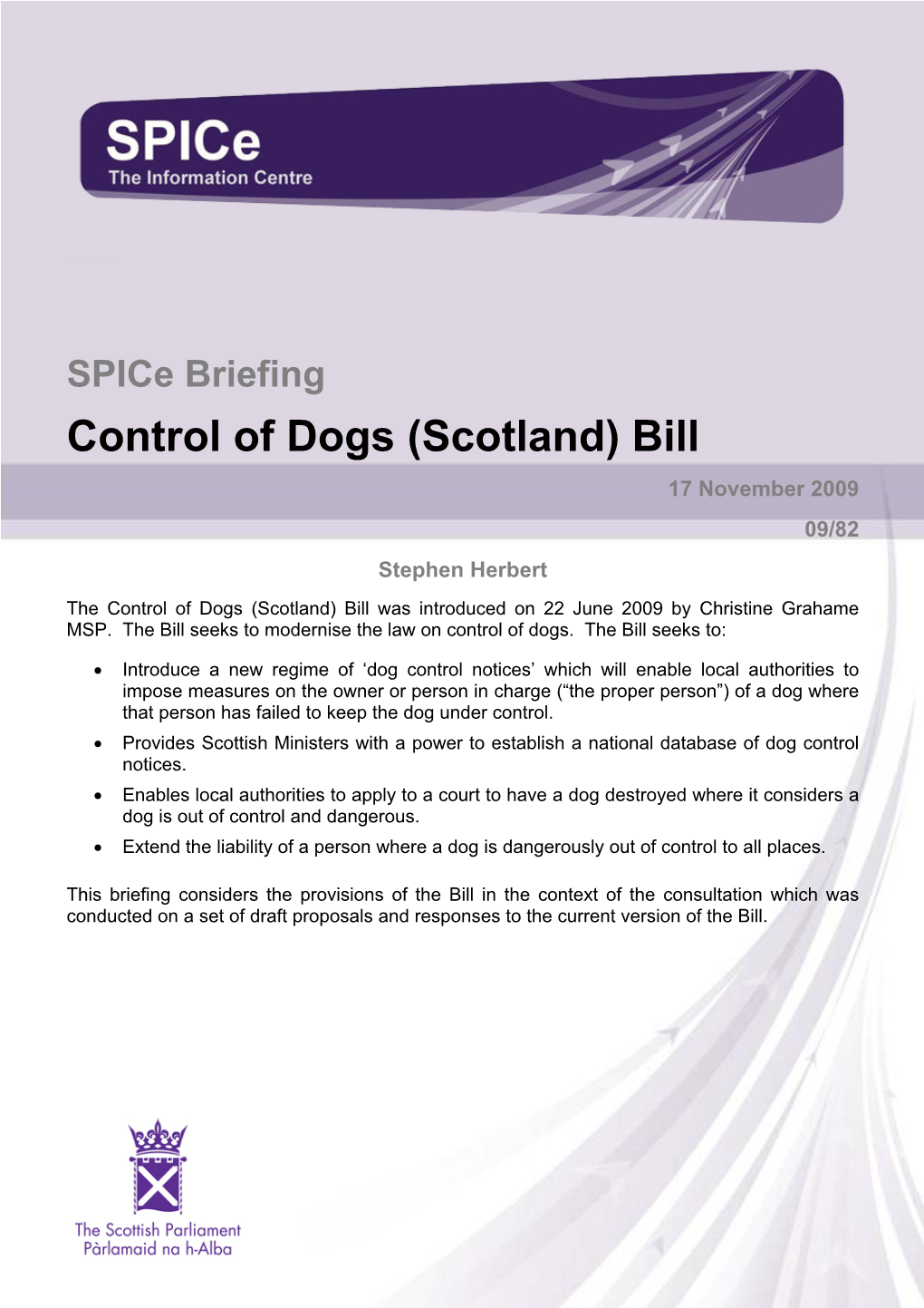 SB 09-82 Control of Dogs (Scotland) Bill (279KB Pdf)