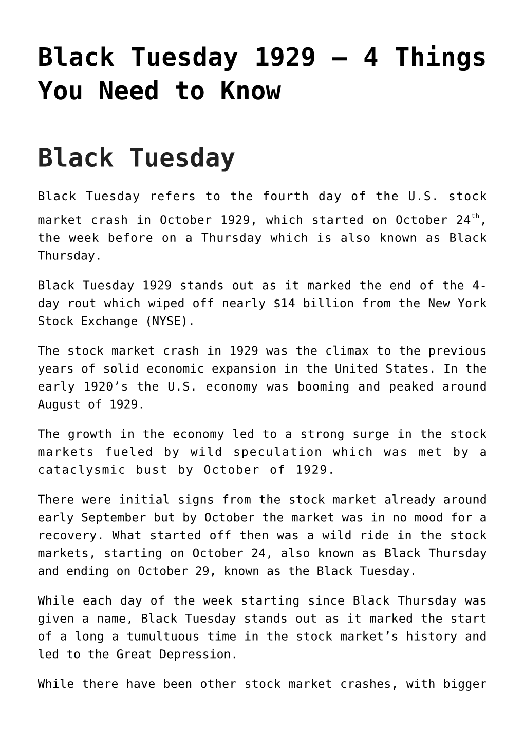 Black Tuesday 1929 &#8211