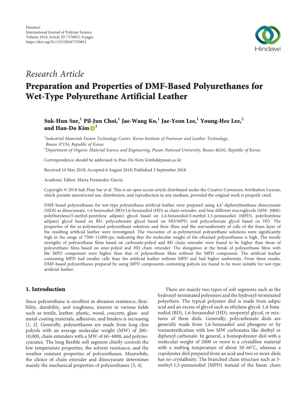 Research Article Preparation and Properties of DMF-Based Polyurethanes for Wet-Type Polyurethane Artificial Leather