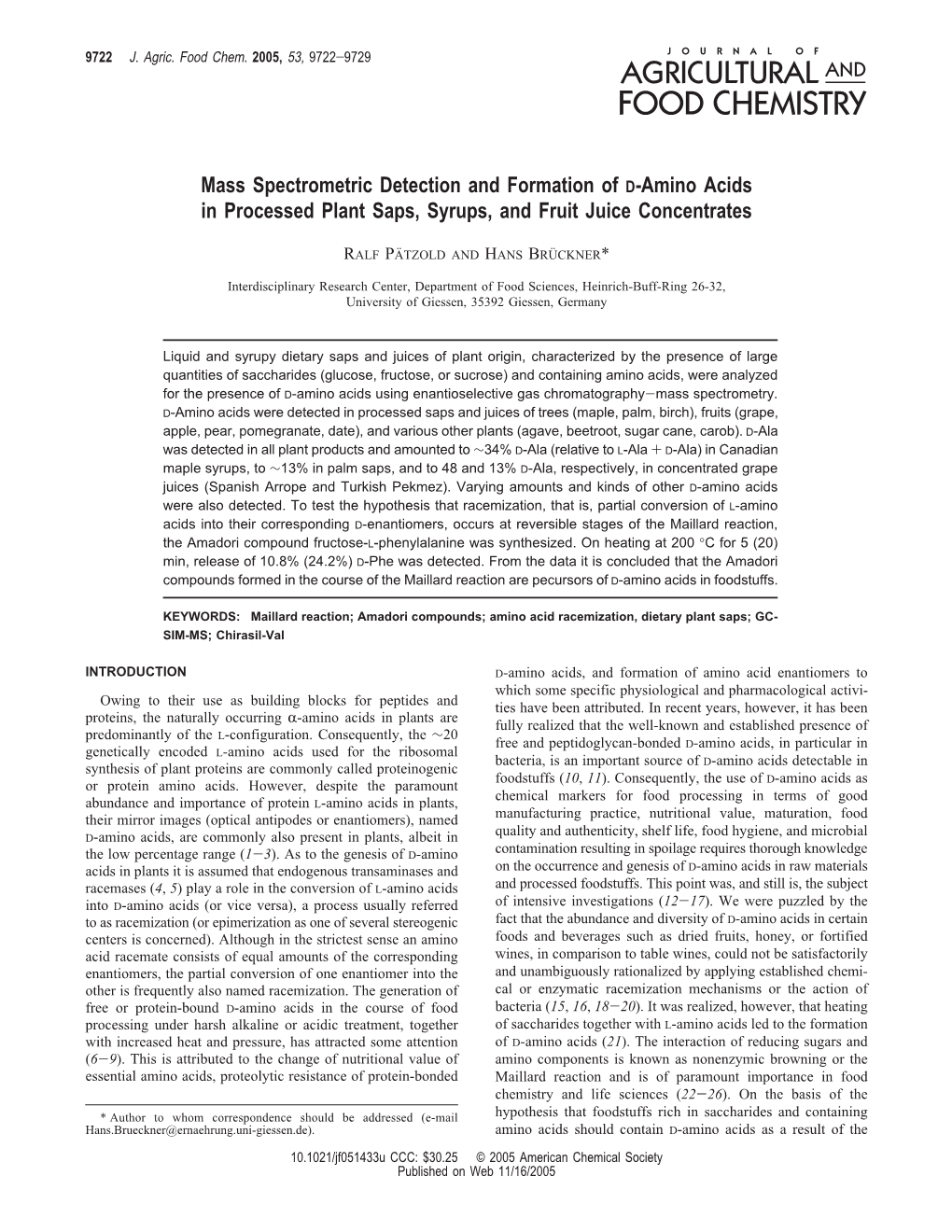 Mass Spectrometric Detection and Formation of D-Amino Acids in Processed Plant Saps, Syrups, and Fruit Juice Concentrates