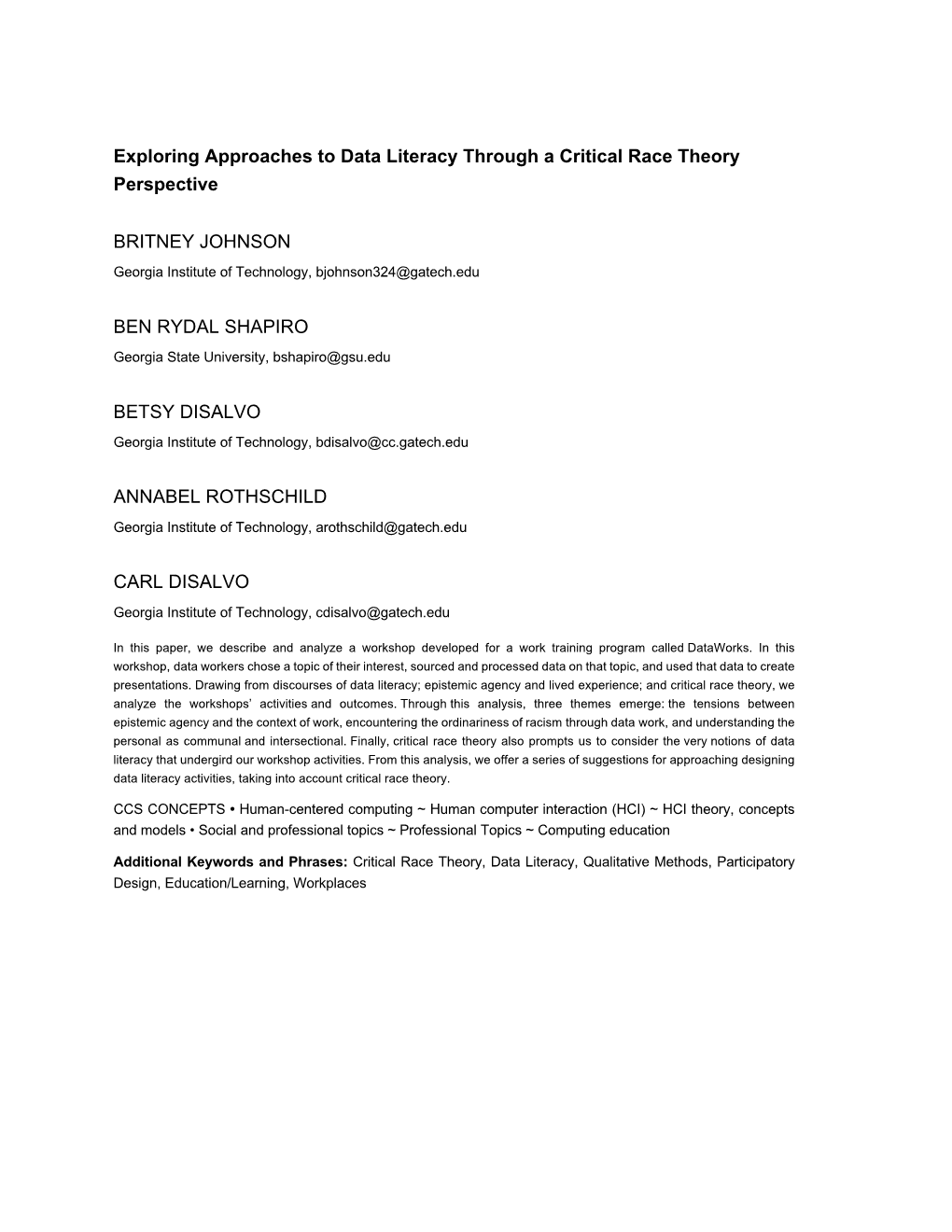 Exploring Approaches to Data Literacy Through a Critical Race Theory Perspective