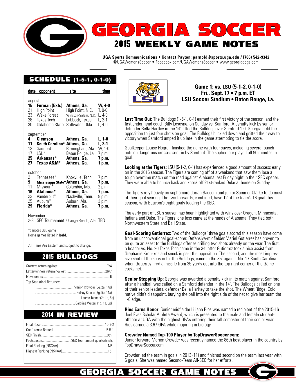 Georgia Soccer 2015 Weekly GAME NOTES