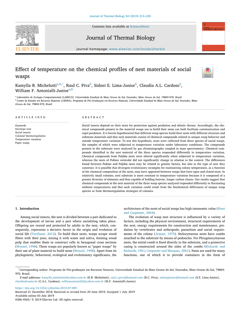 Effect of Temperature on the Chemical Profiles of Nest Materials of Social