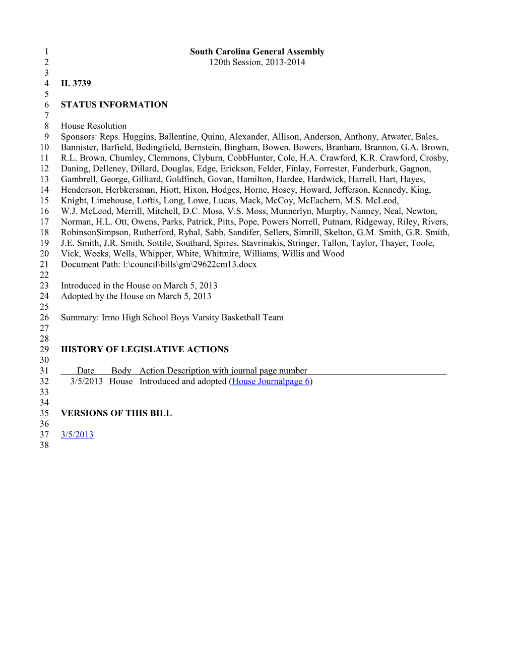 2013-2014 Bill 3739: Irmo High School Boys Varsity Basketball Team - South Carolina Legislature