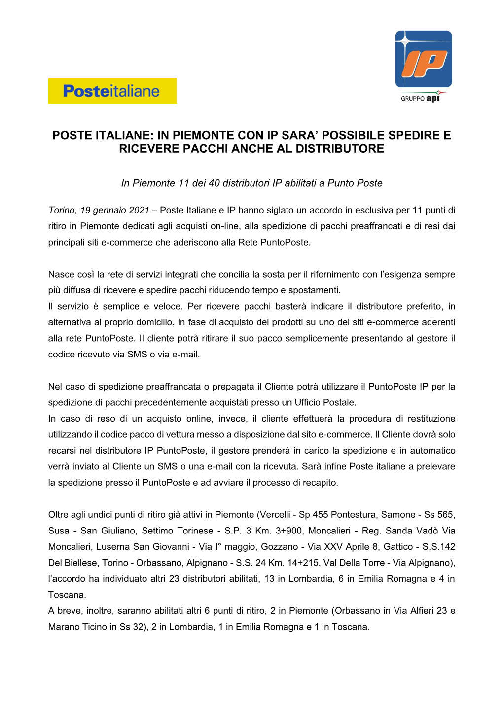 POSTE ITALIANE: in Piemonte Con IP Sarà Possibile Spedirei E Ricevere