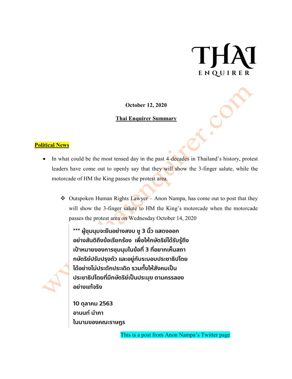 October 12, 2020 Thai Enquirer Summary Political News • in What