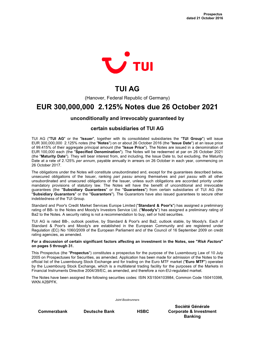 TUI AG EUR 300,000,000 2.125% Notes Due 26 October 2021