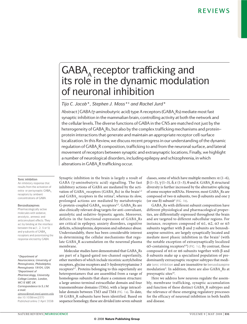 GABA Receptor Trafficking and Its Role in the Dynamic Modulation Of