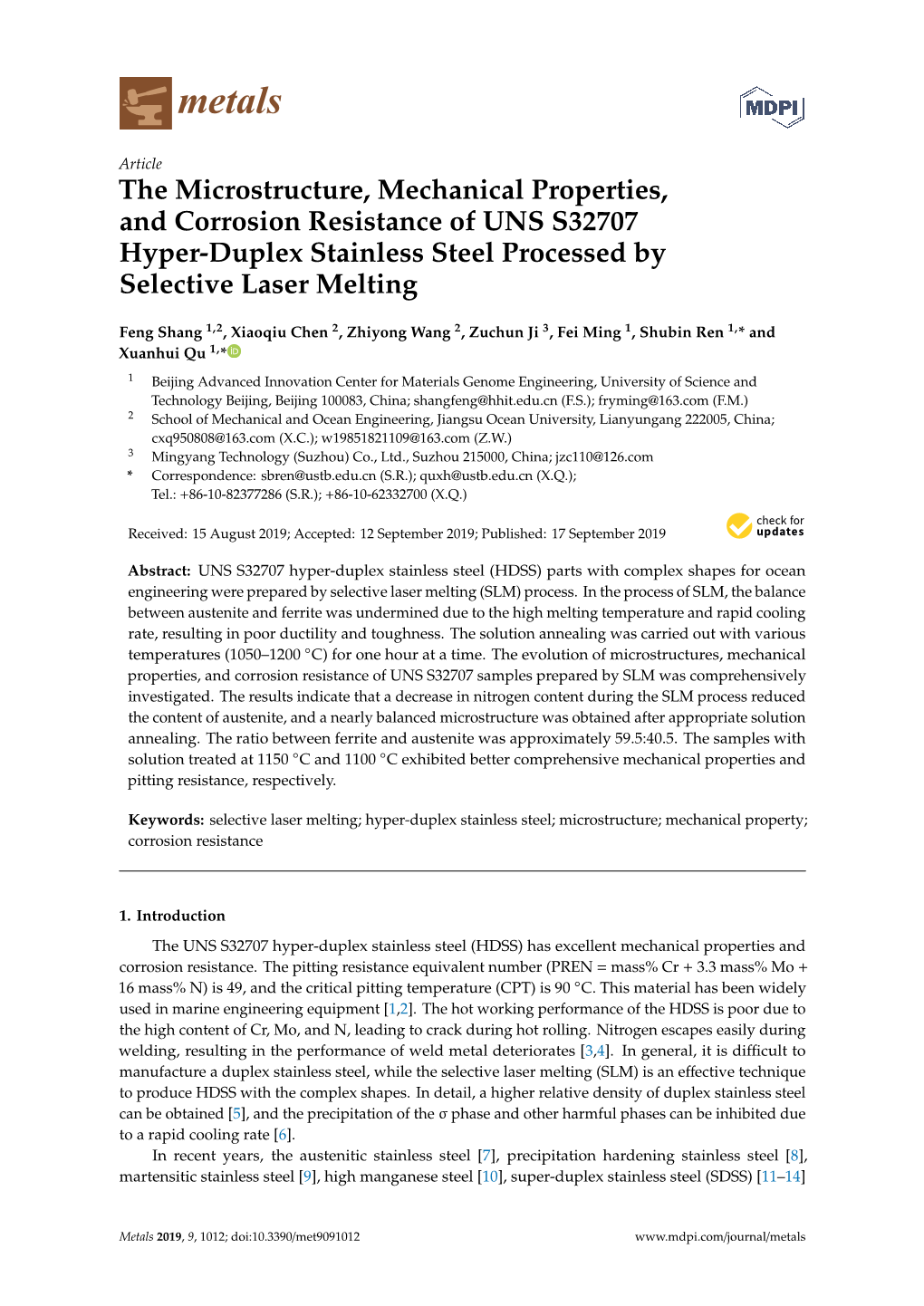 The Microstructure, Mechanical Properties, and Corrosion Resistance of UNS S32707 Hyper-Duplex Stainless Steel Processed by Selective Laser Melting