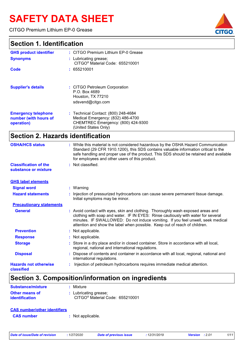 SAFETY DATA SHEET CITGO Premium Lithium EP-0 Grease