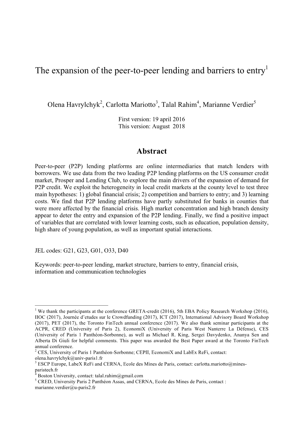The Expansion of the Peer-To-Peer Lending and Barriers to Entry1