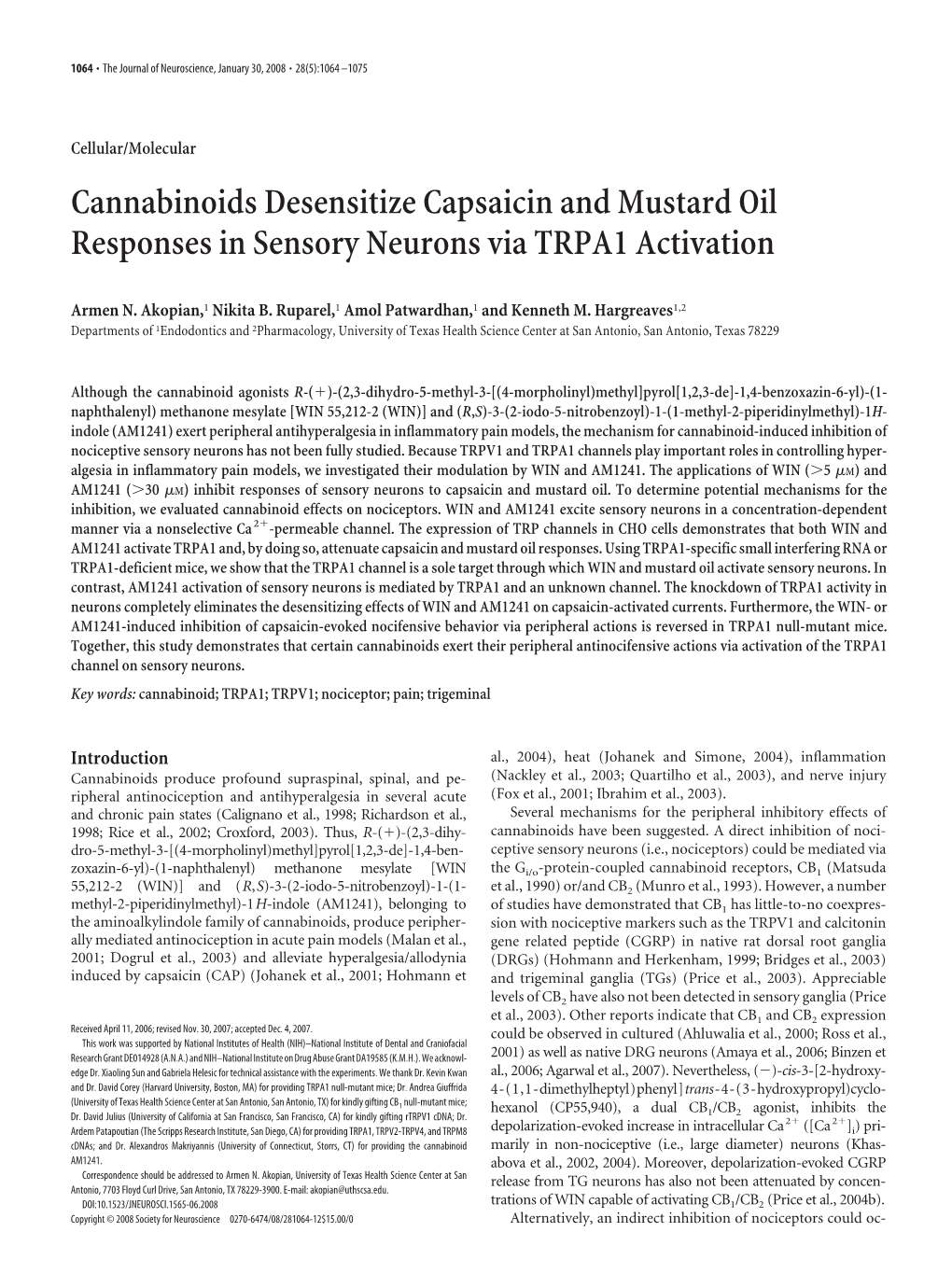 Cannabinoids Desensitize Capsaicin and Mustard Oil Responses in Sensory Neurons Via TRPA1 Activation