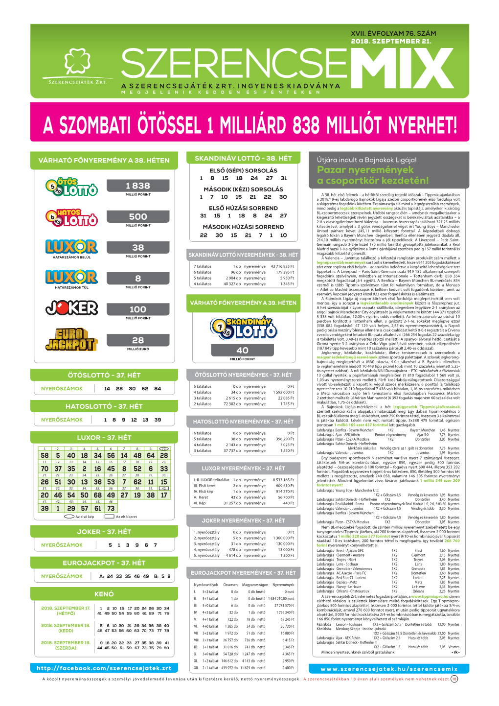 A Szombati Ötössel 1 Milliárd 838 Milliót Nyerhet!