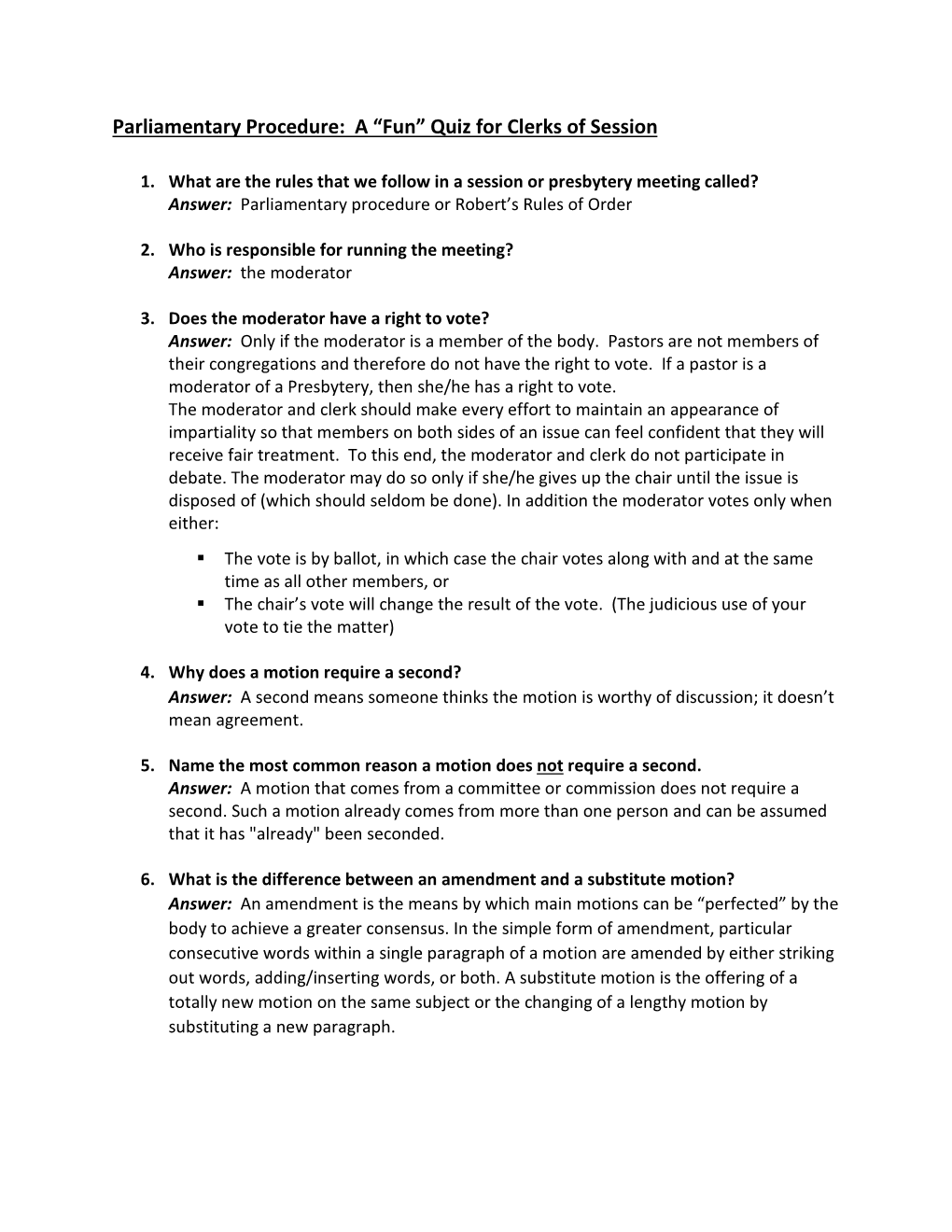 Parliamentary Procedure: a “Fun” Quiz for Clerks of Session