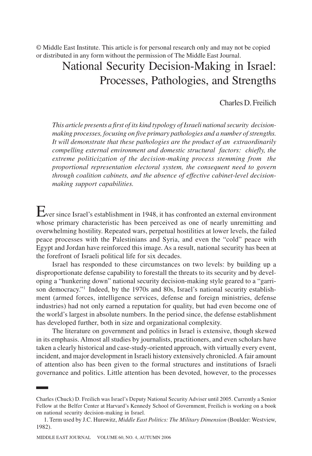 National Security Decision-Making in Israel: Processes, Pathologies, and Strengths