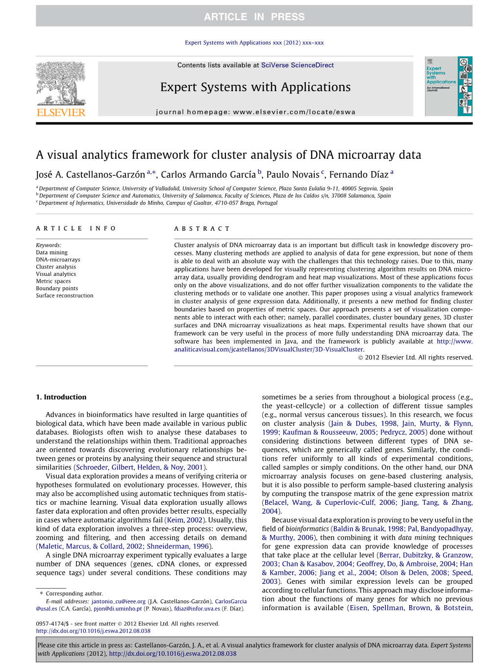 A Visual Analytics Framework for Cluster Analysis of DNA Microarray Data ⇑ José A