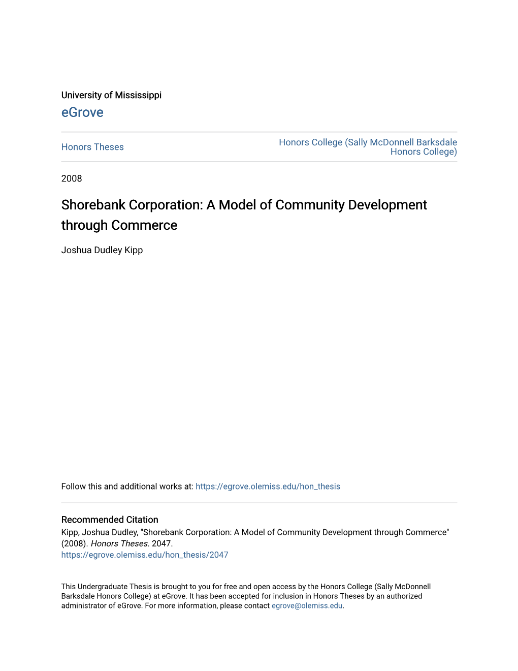 Shorebank Corporation: a Model of Community Development Through Commerce