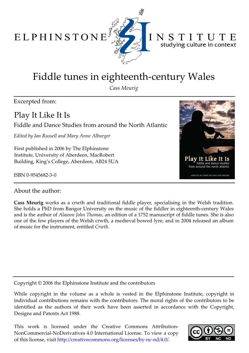 Fiddle Tunes in Eighteenth-Century Wales Cass Meurig