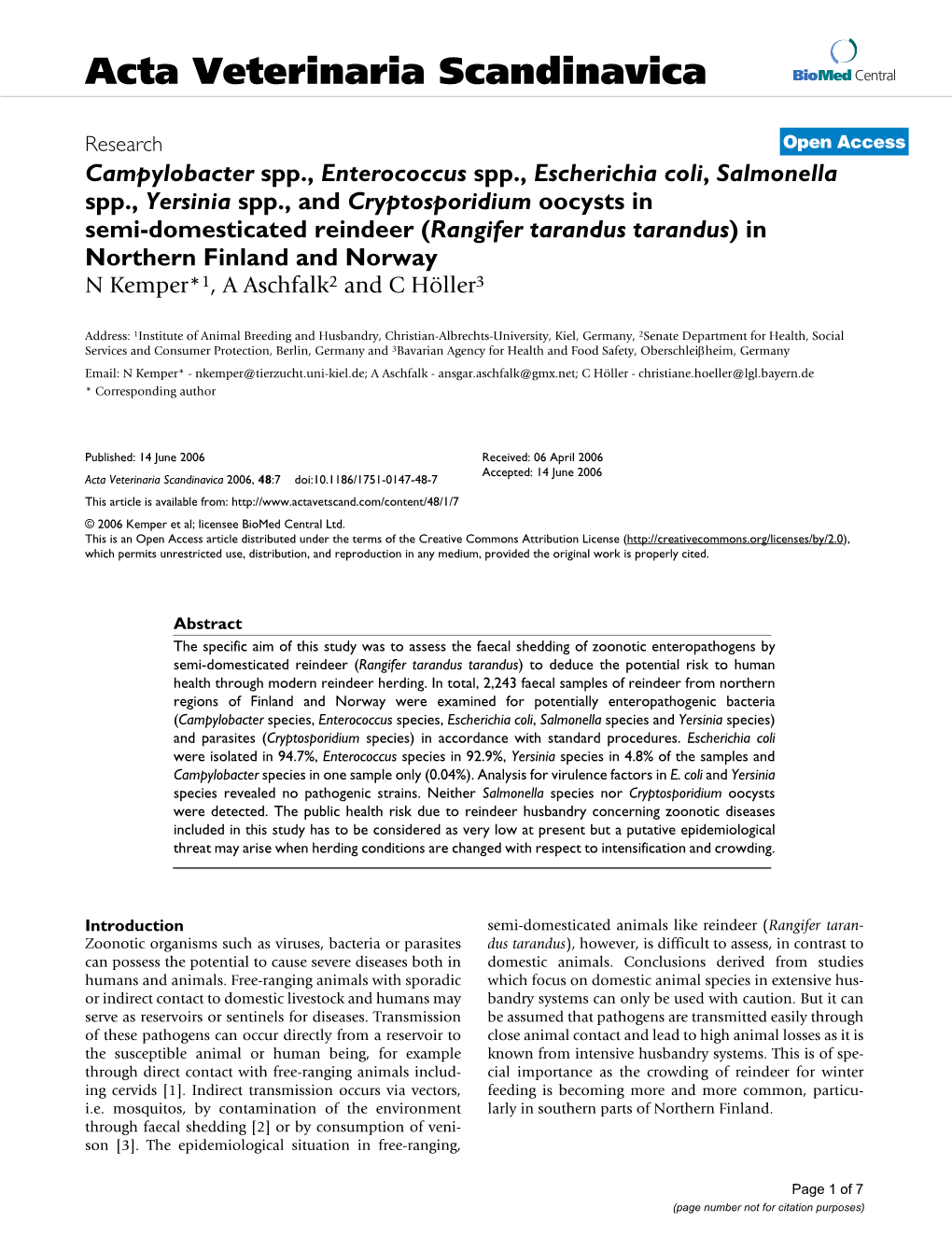 Acta Veterinaria Scandinavica Biomed Central