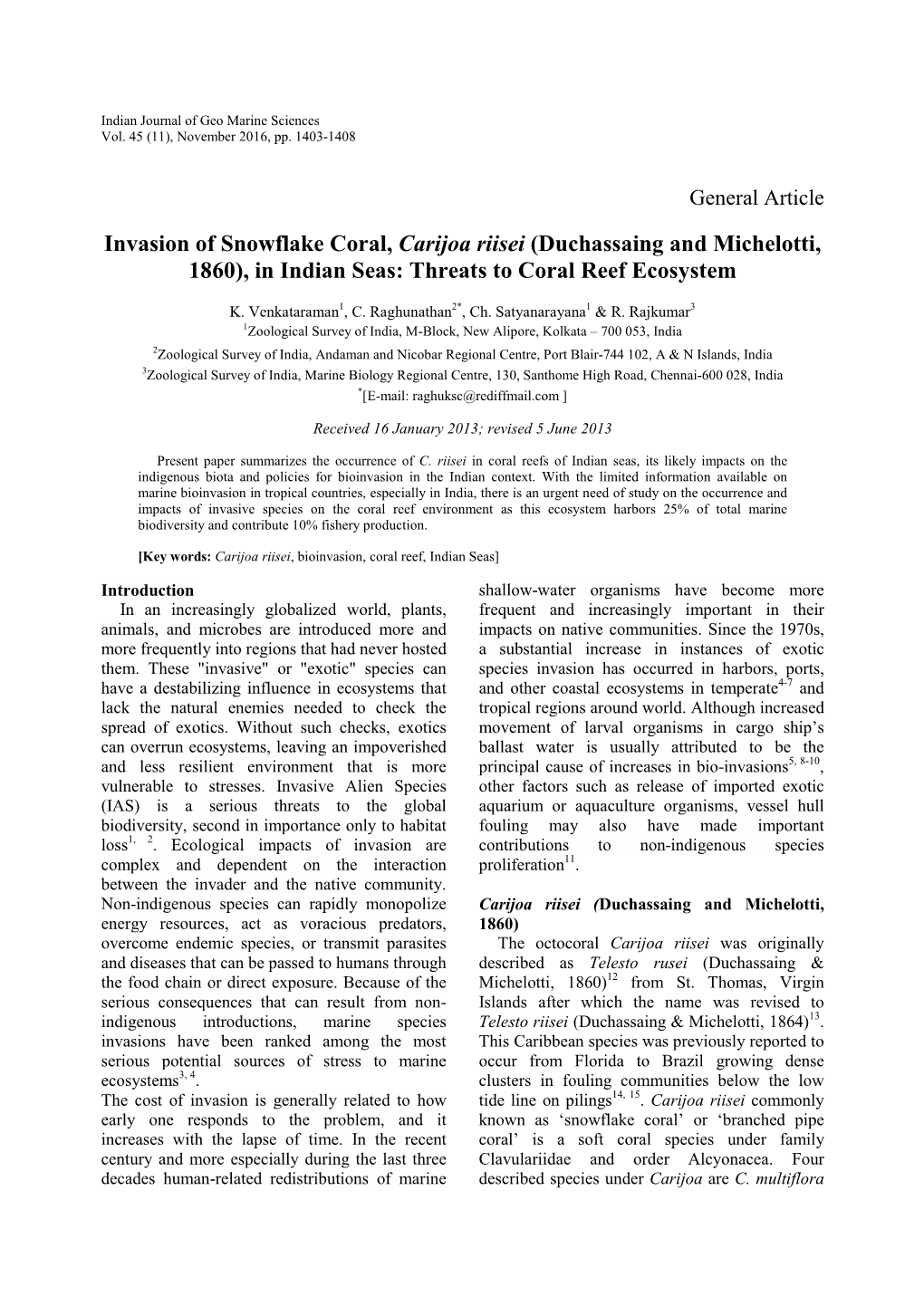 Invasion of Snowflake Coral, Carijoa Riisei (Duchassaing and Michelotti, 1860), in Indian Seas: Threats to Coral Reef Ecosystem