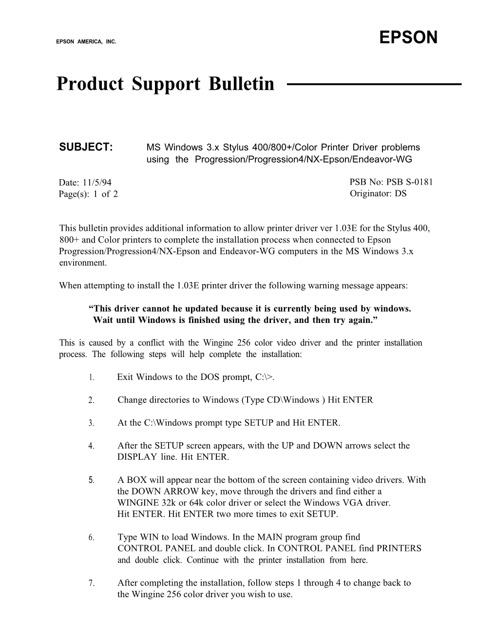 Product Support Bulletin