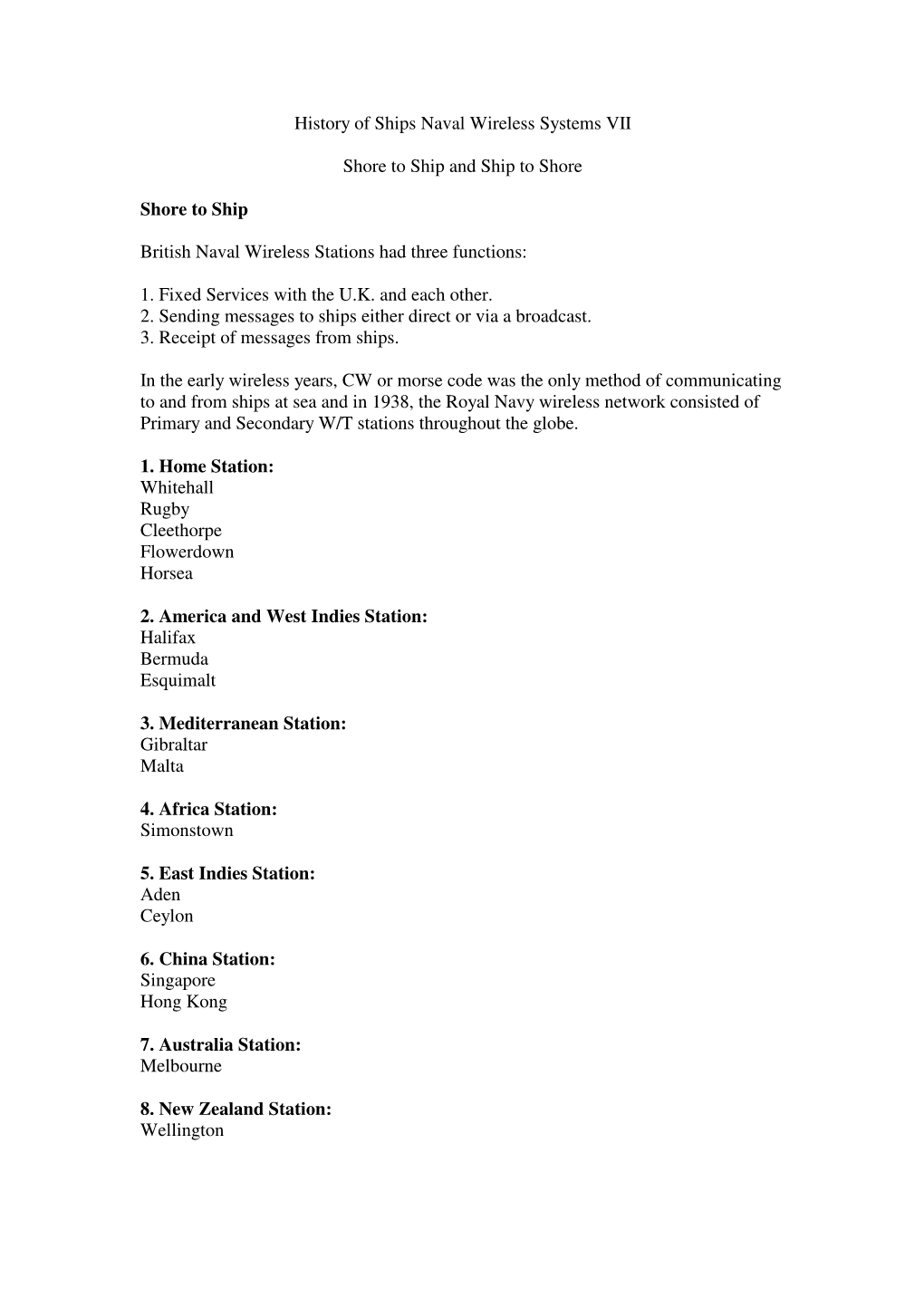 History of Ships Naval Wireless Systems VII Shore to Ship and Ship to Shore Shore to Ship British Naval Wireless Stations Had Th