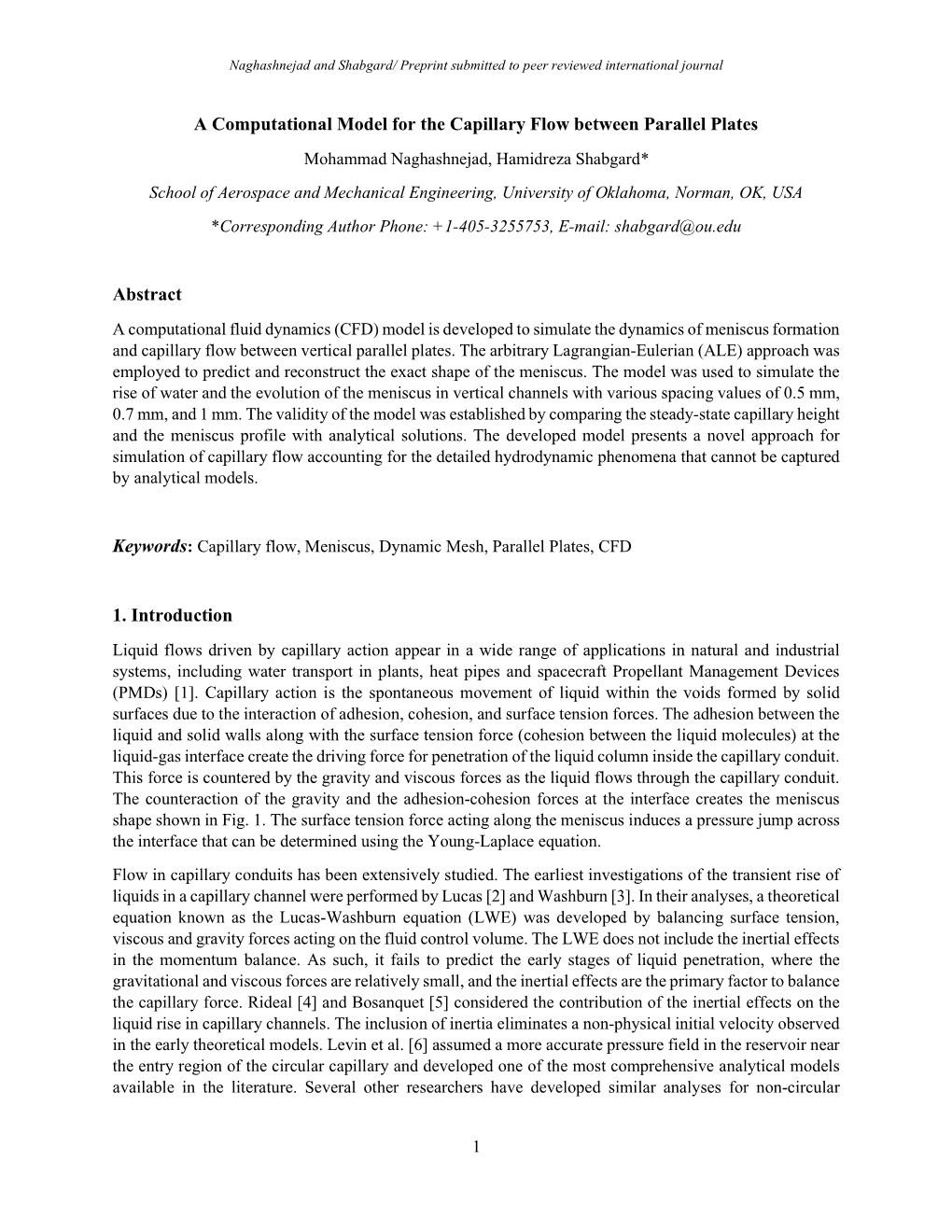 A Computational Model for the Capillary Flow Between Parallel