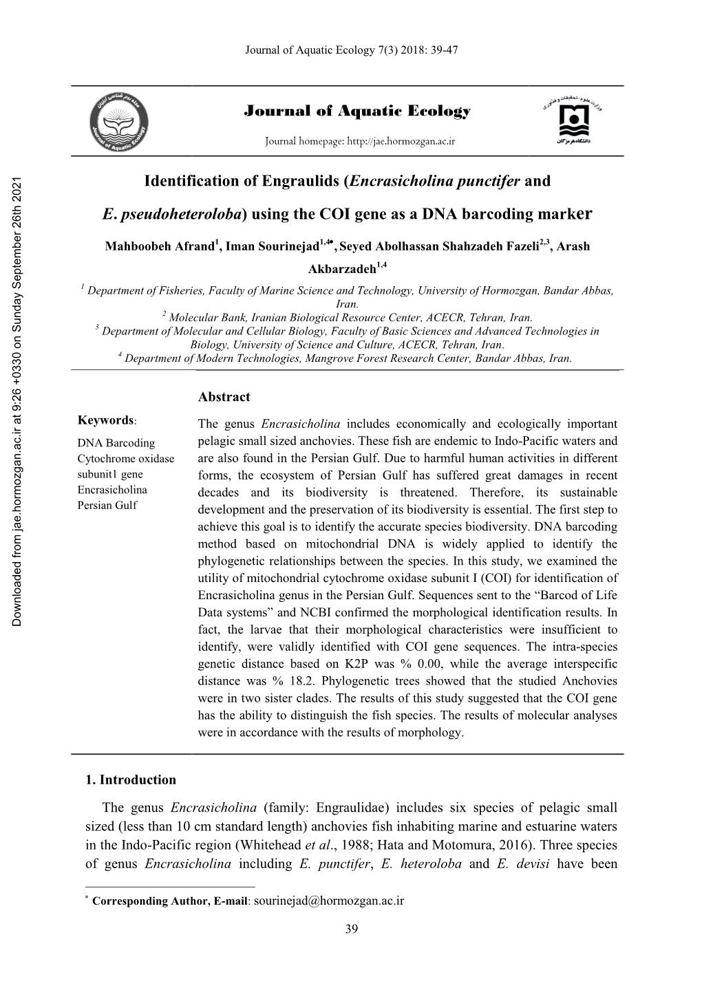 (Encrasicholina Punctifer and E. Pseudoheteroloba) Using the COI Gene As a DNA Barcoding Marker