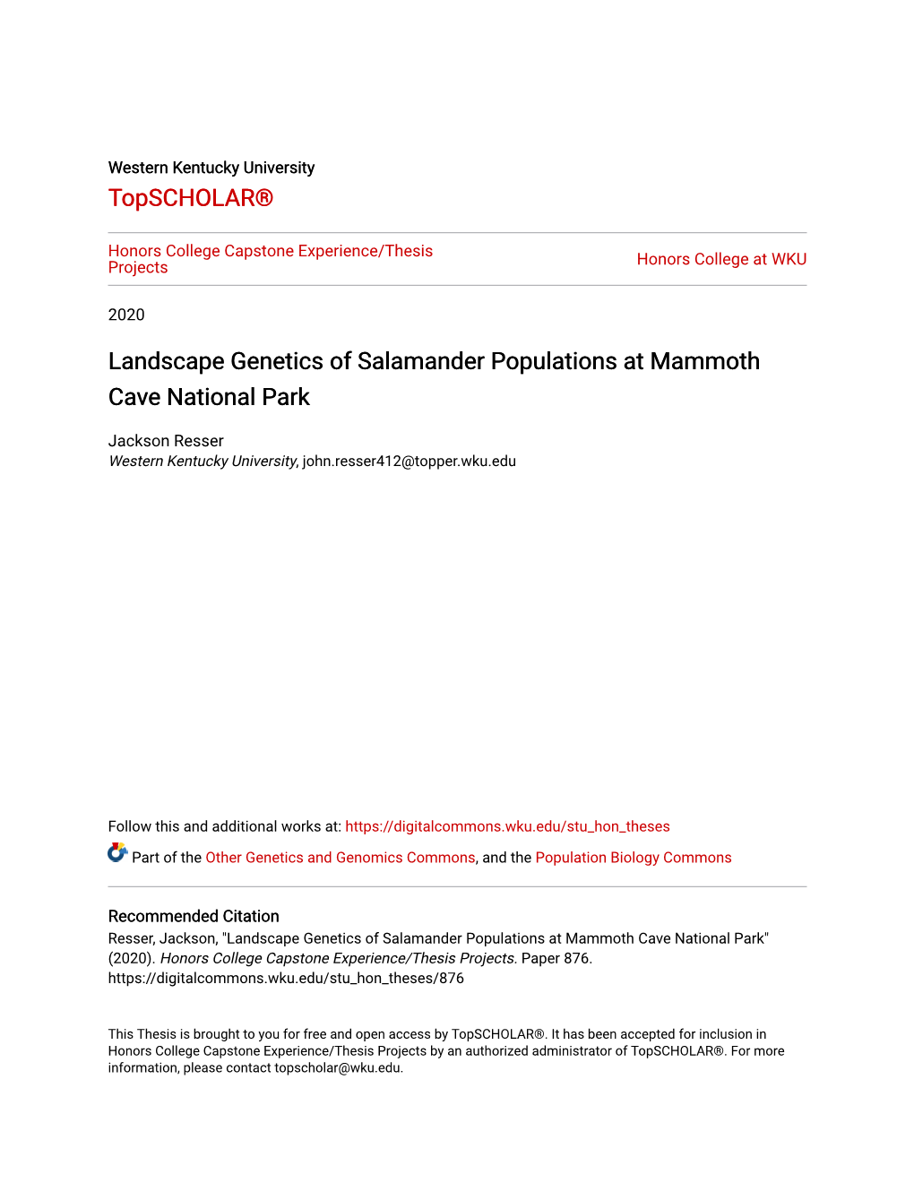 Landscape Genetics of Salamander Populations at Mammoth Cave National Park