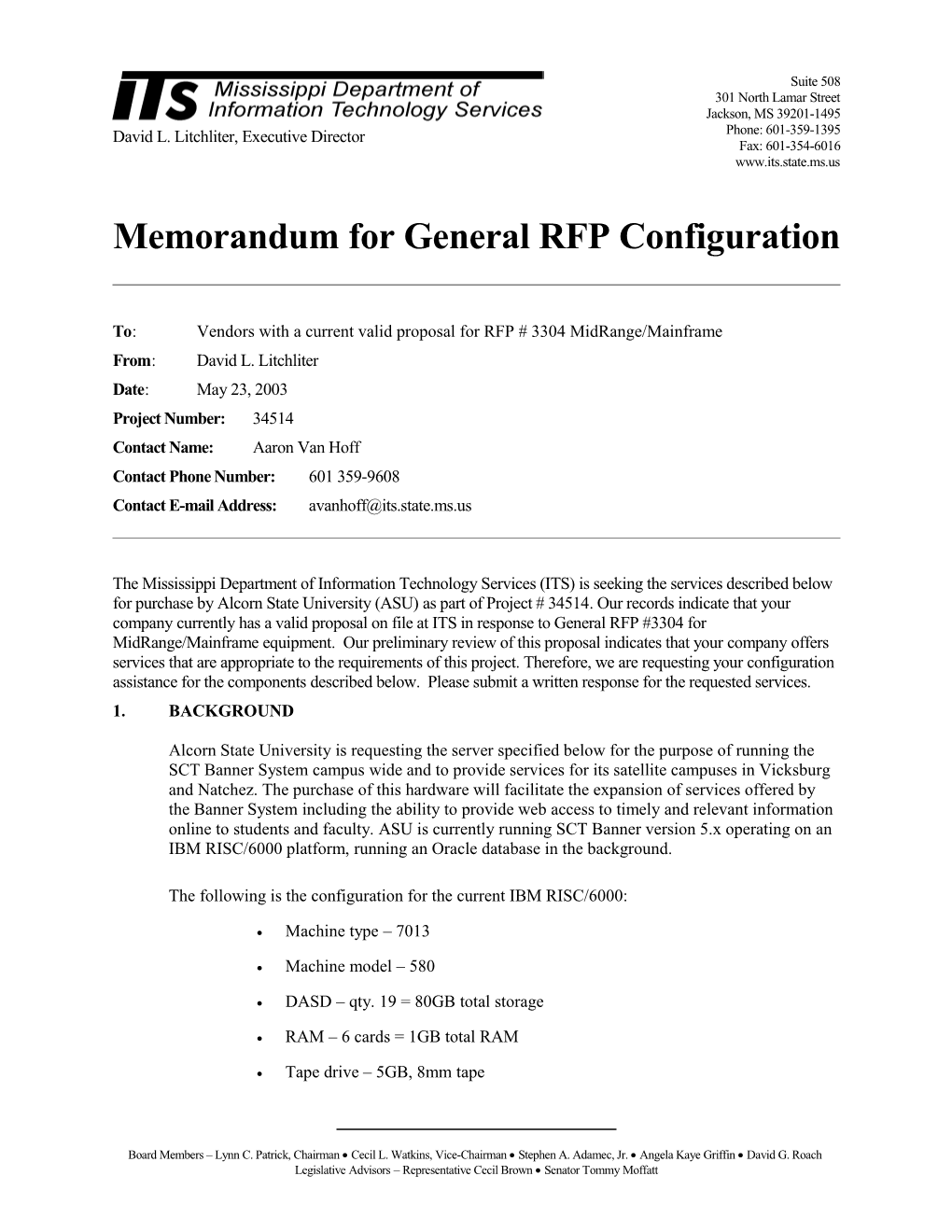 Memorandum for General RFP Configuration s12