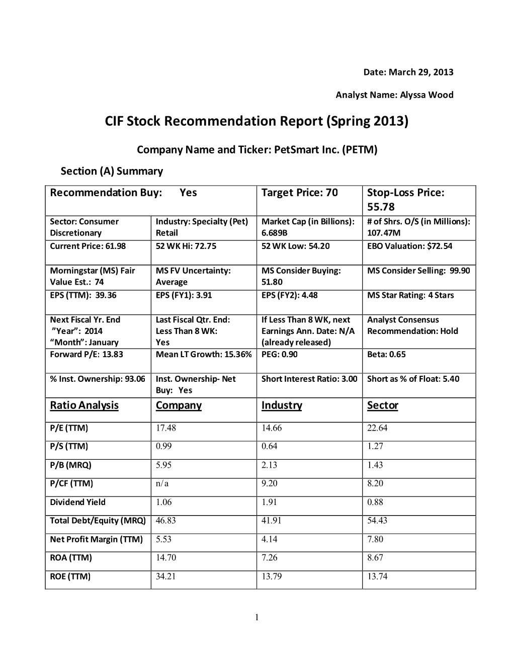 CIF Stock Recommendation Report (Spring 2013)