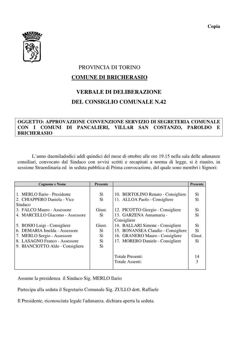 Provincia Di Torino Comune Di Bricherasio Verbale Di