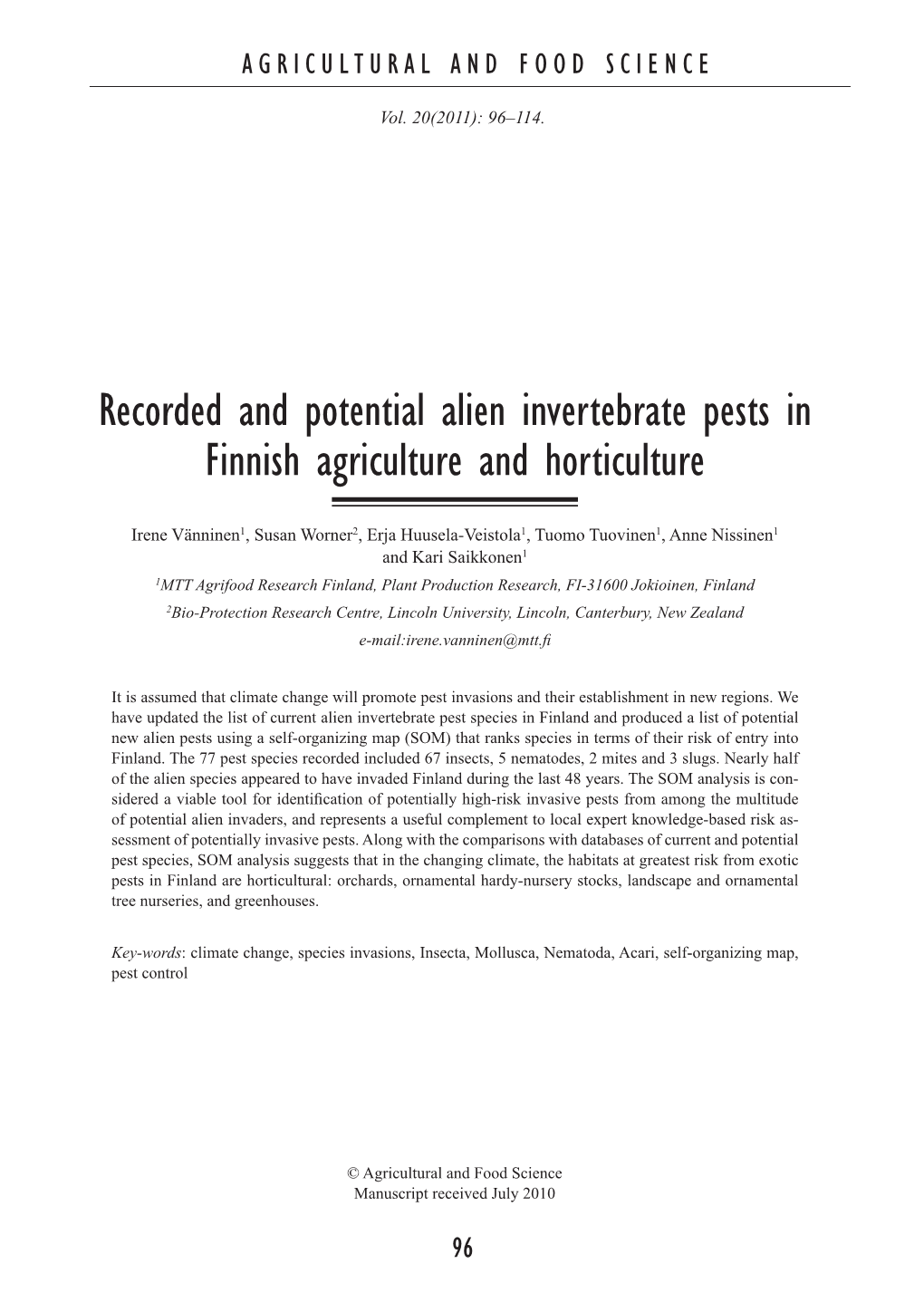 Recorded and Potential Alien Invertebrate Pests in Finnish Agriculture and Horticulture