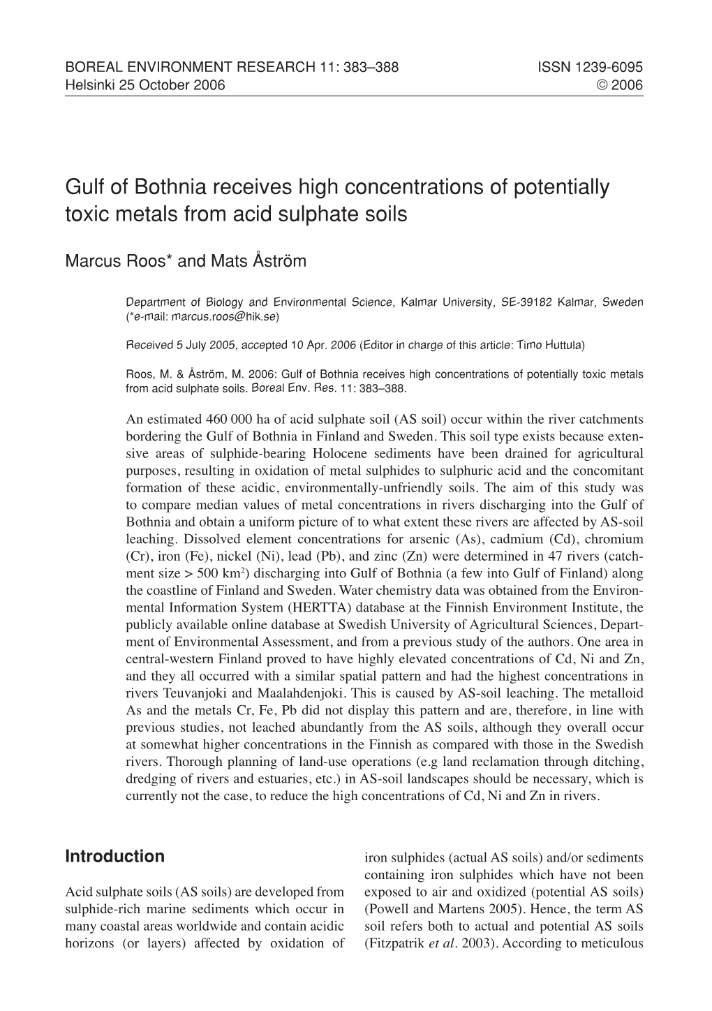 Gulf of Bothnia Receives High Concentrations of Potentially Toxic Metals from Acid Sulphate Soils