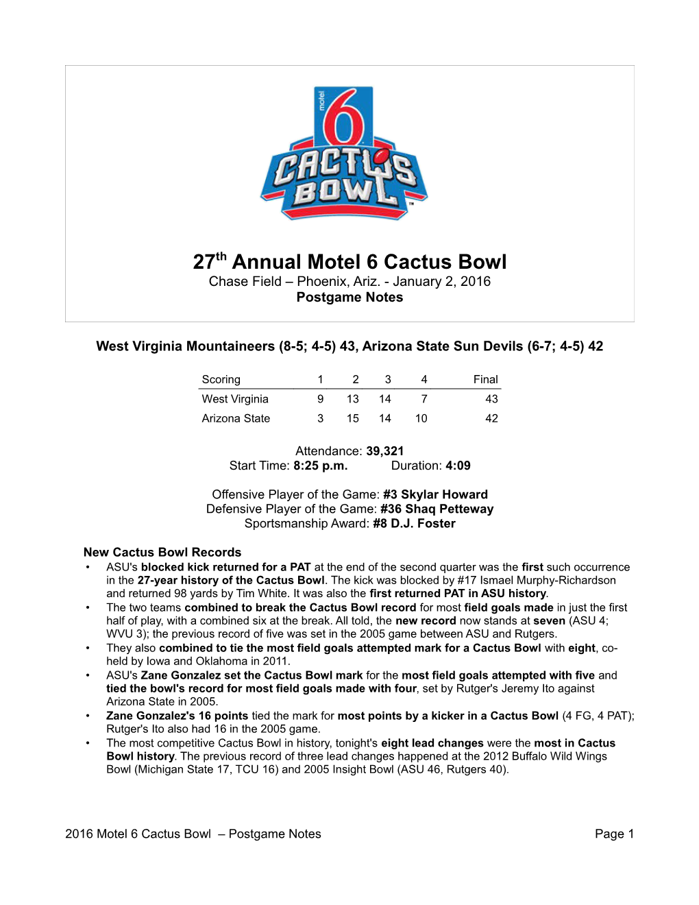 27Th Annual Motel 6 Cactus Bowl Chase Field – Phoenix, Ariz