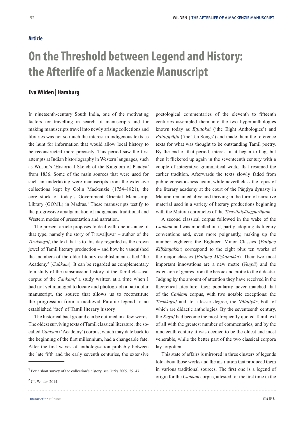 On the Threshold Between Legend and History: the Afterlife of a Mackenzie Manuscript