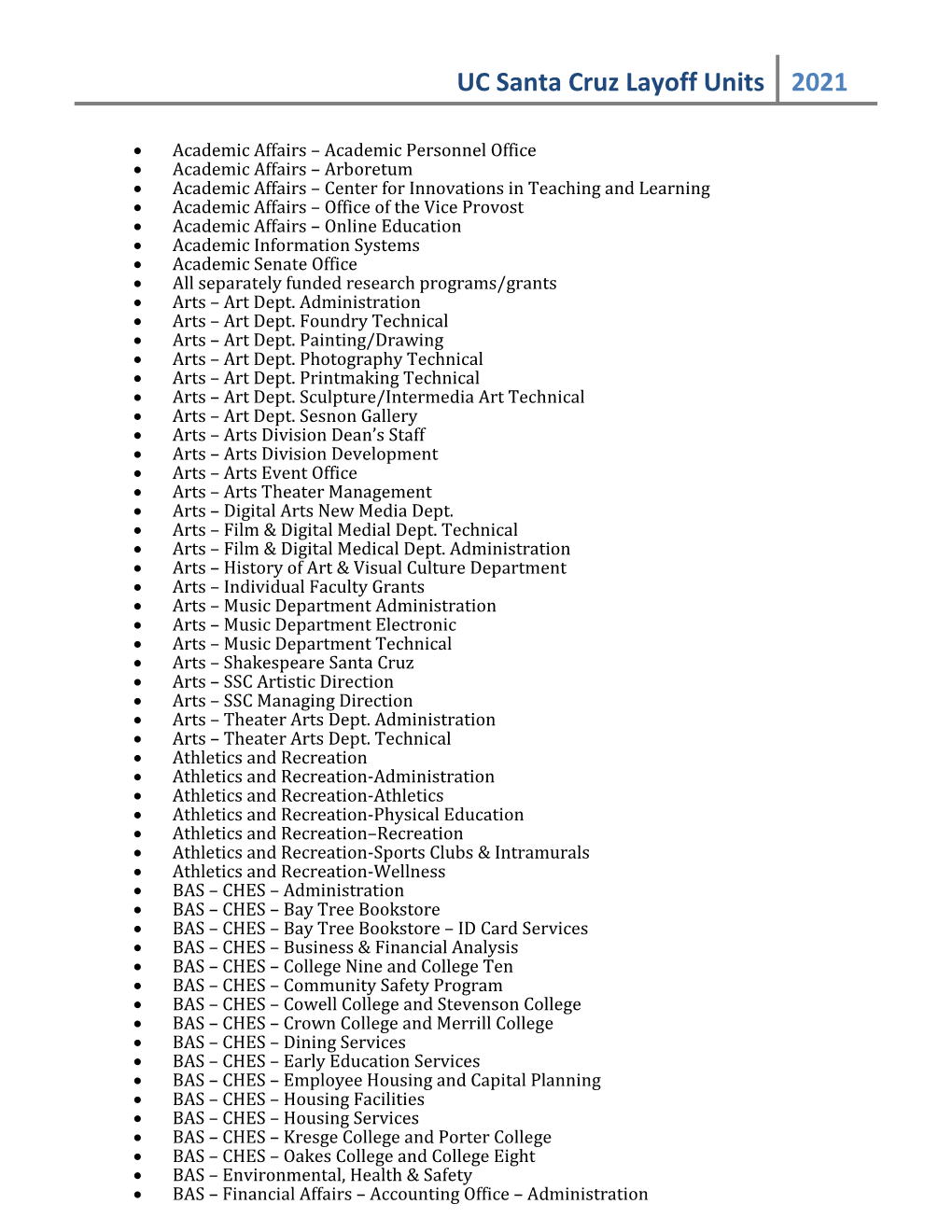 UC Santa Cruz Layoff Units 2021