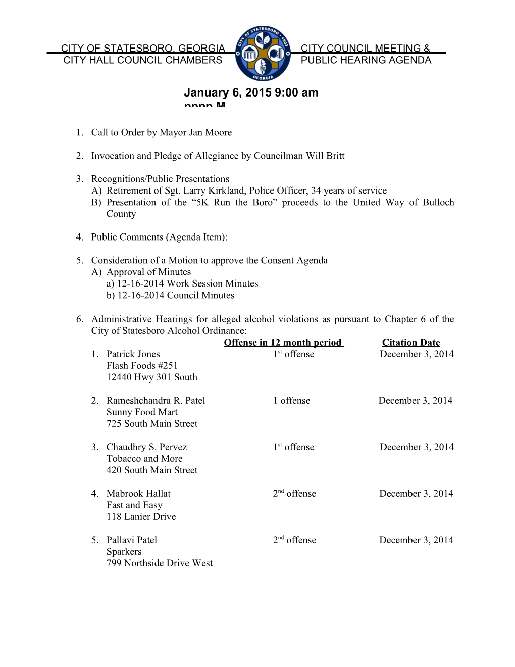 City Hall Council Chambers Public Hearing Agenda