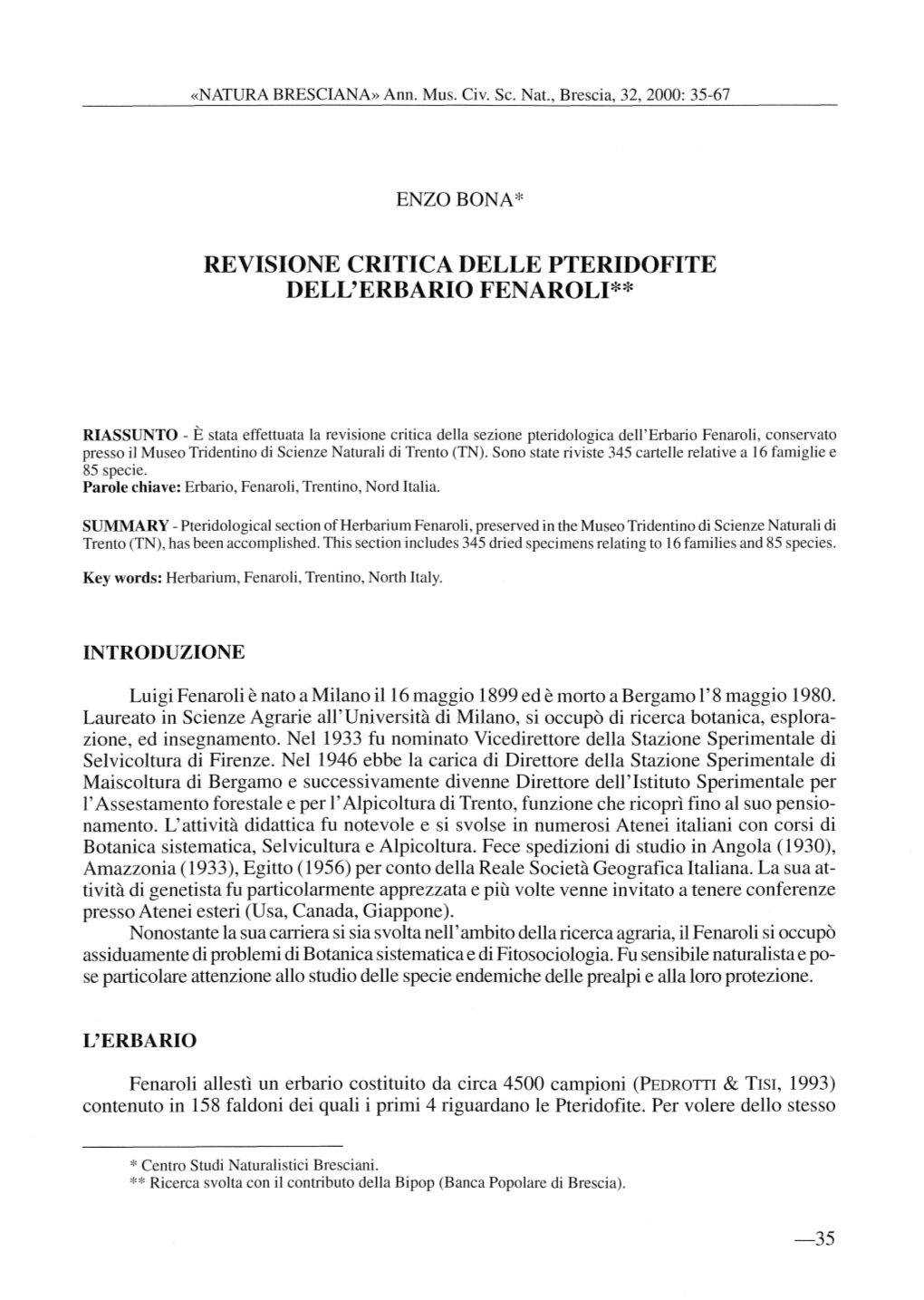 Revisione Critica Delle Pteridofite Dell'erbario Fenaroli**