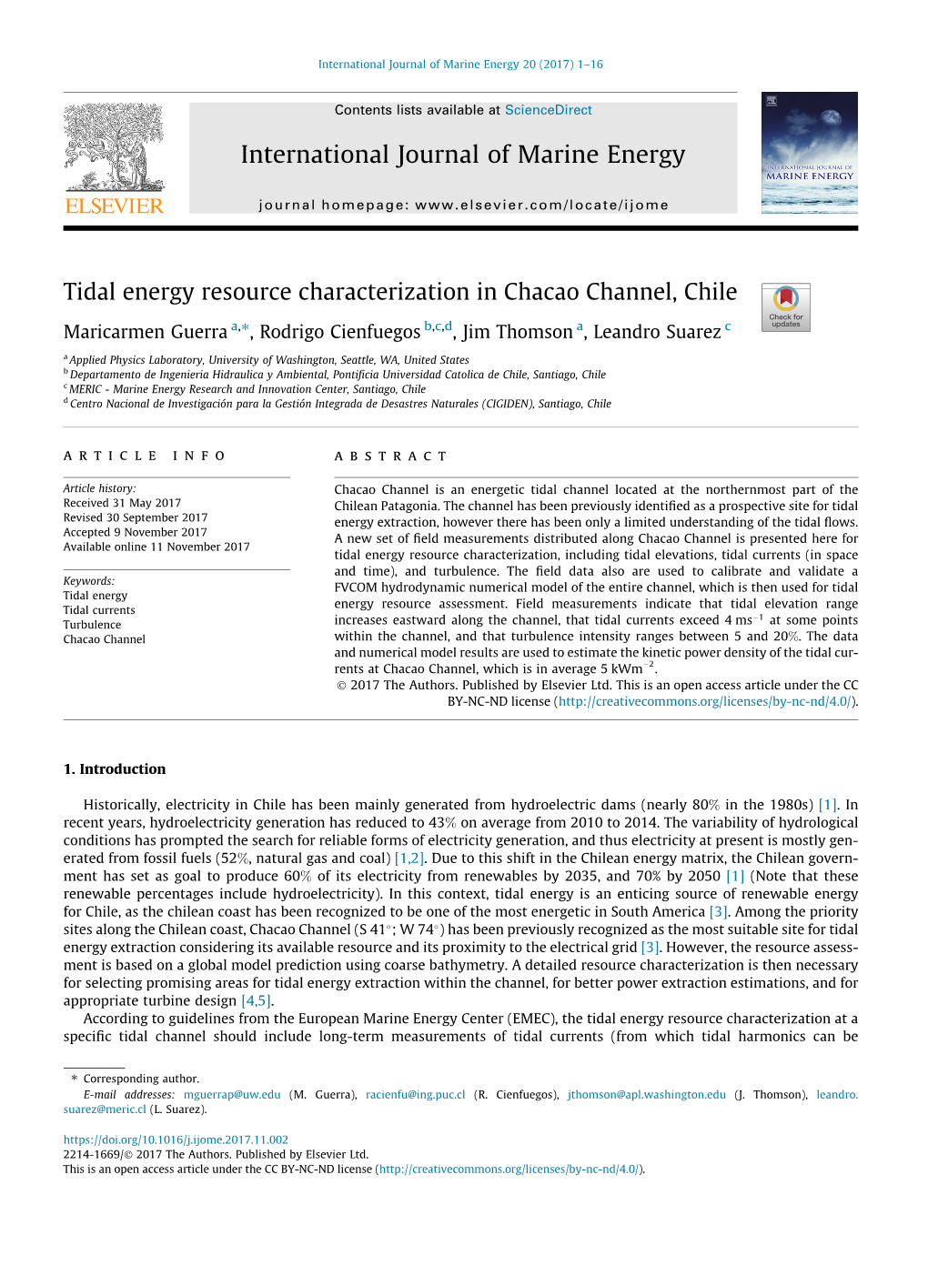 Tidal Energy Resource Characterization in Chacao Channel, Chile