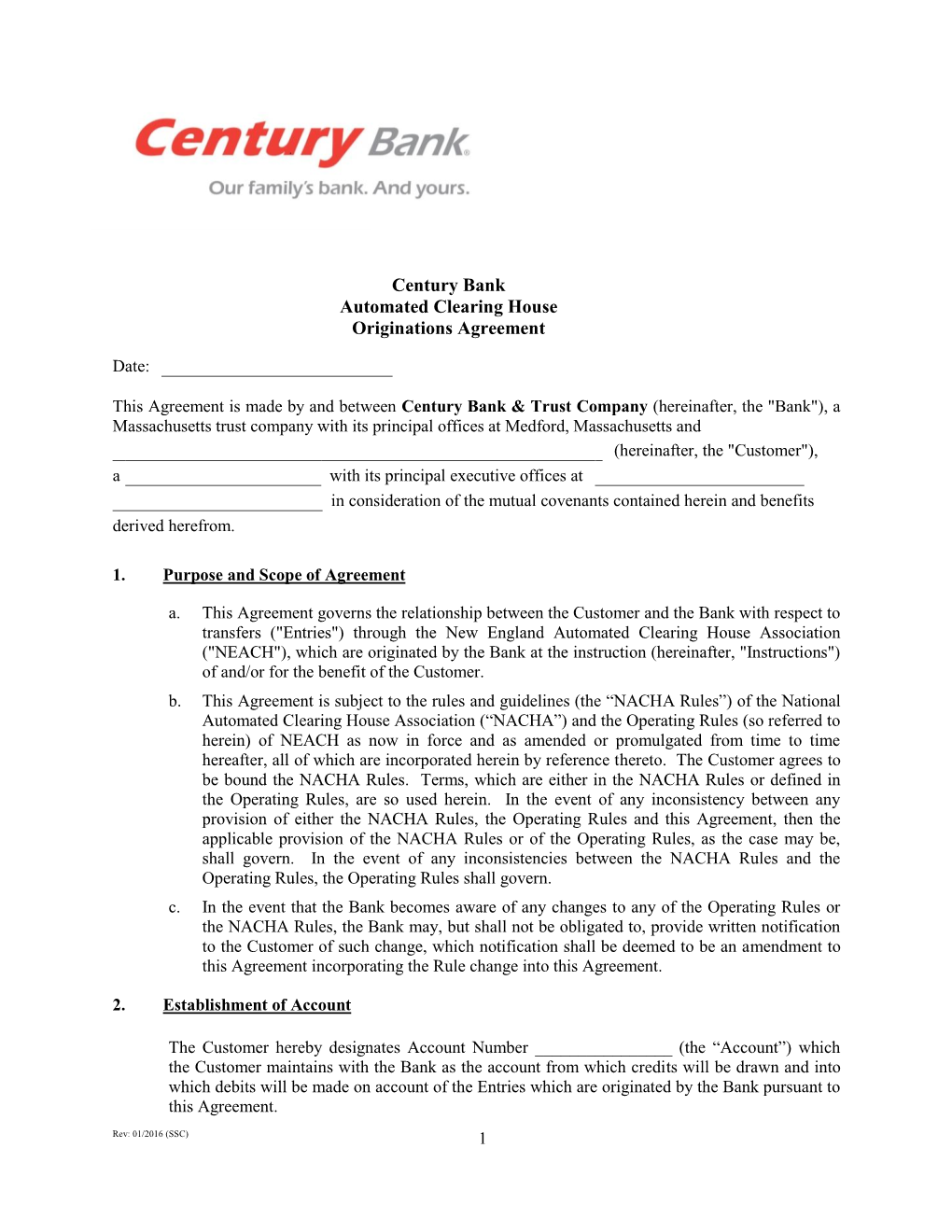 Century Bank Automated Clearing House Originations Agreement
