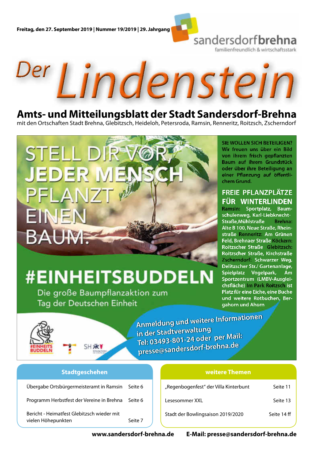 Amts- Und Mitteilungsblatt Der Stadt Sandersdorf-Brehna Mit Den Ortschaften Stadt Brehna, Glebitzsch, Heideloh, Petersroda, Ramsin, Renneritz, Roitzsch, Zscherndorf