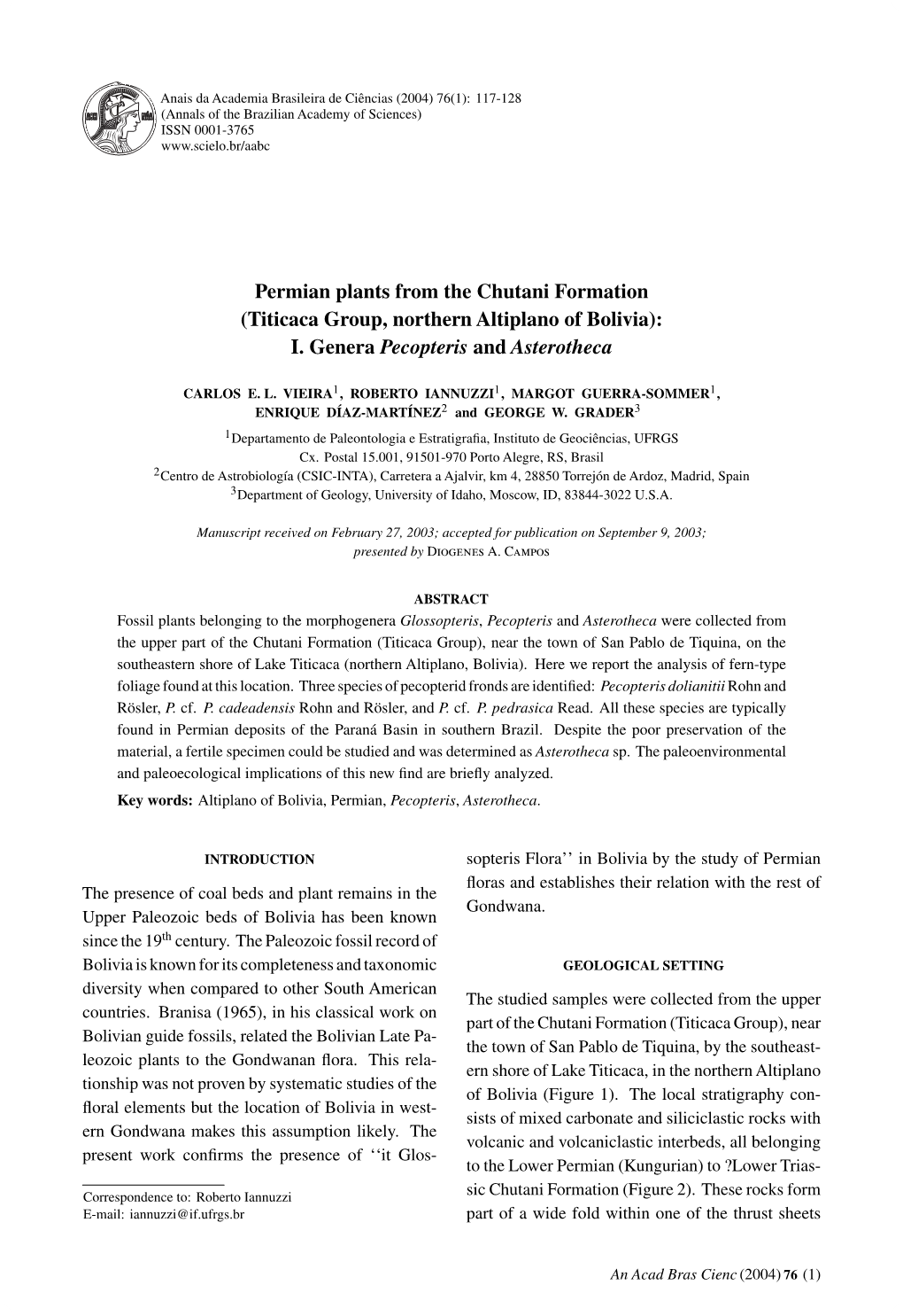 Permian Plants from the Chutani Formation (Titicaca Group, Northern Altiplano of Bolivia): I