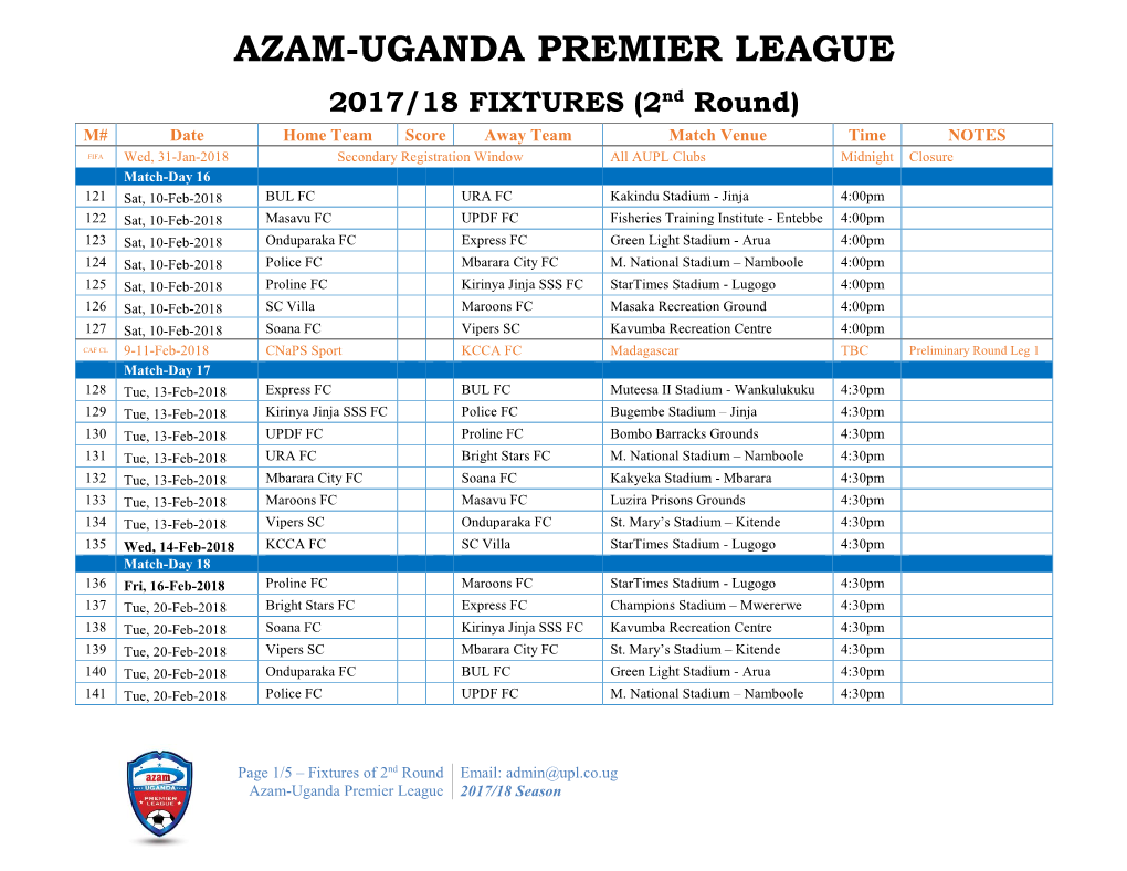 AUPL Fixtures 2017-18 Season