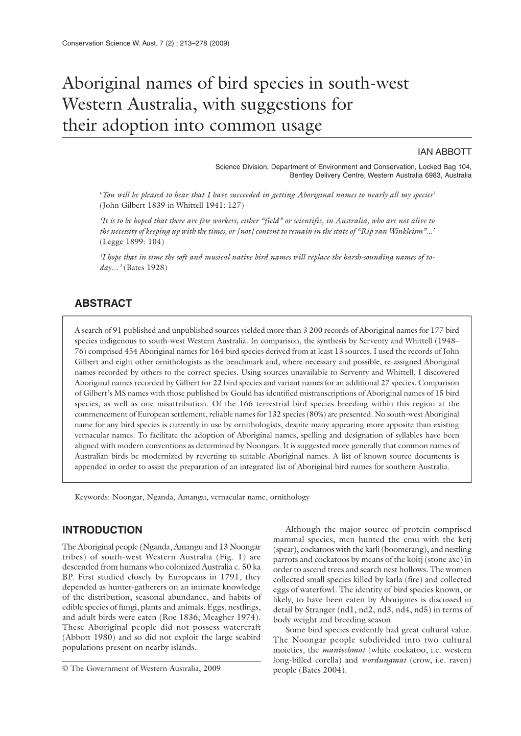 Aboriginal Names of Bird Species in South-West Western Australia, with Suggestions for Their Adoption Into Common Usage